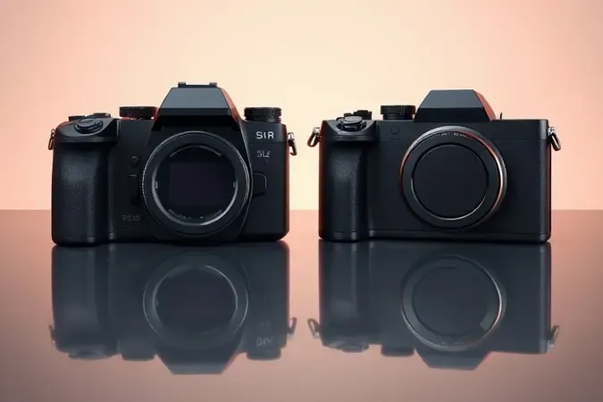 Renderização 3D conceitual comparando silhuetas de câmeras DSLR e mirrorless lado a lado com iluminação profissional em superfície reflexiva.