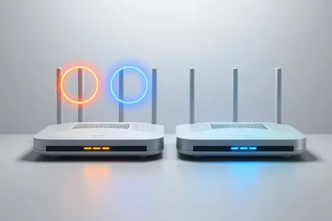 Comparação visual 3D entre roteador dual band com dois anéis de luz e roteador triband com três anéis.