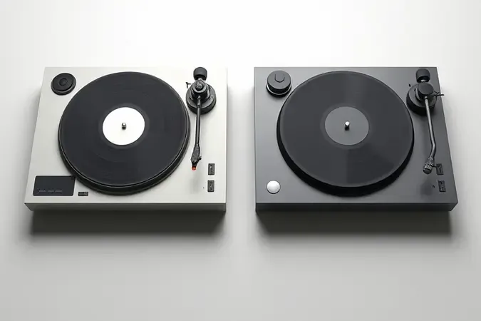 Comparação conceitual entre dois estilos de toca-discos modernos em renderização 3D.