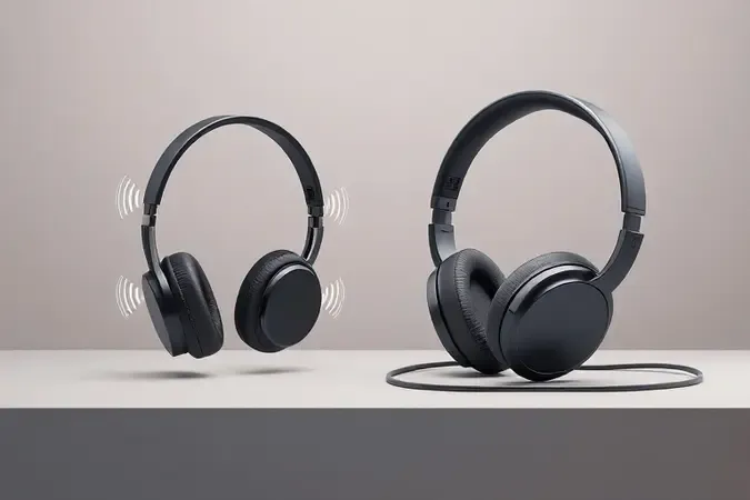Comparação conceitual 3D entre fone de ouvido over-ear sem fio e com fio, representando visualmente a escolha entre mobilidade e fidelidade sonora.