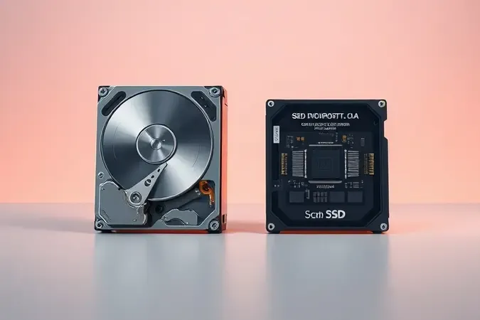 Renderização 3D comparando HD externo tradicional com disco mecânico e SSD externo compacto lado a lado em superfície limpa.