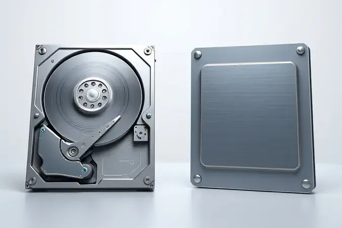 Comparação conceitual entre armazenamento tradicional e moderno com renderização 3D de disco mecânico e unidade de estado sólido.