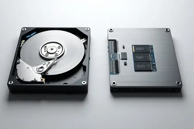 Render 3D comparando tecnologias HDD com discos magnéticos e SSD com chips de memória flash lado a lado