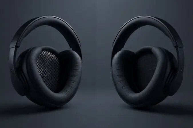 Render 3D comparativo entre headset aberto com grade vazada e headset fechado com concha selada para isolamento sonoro.