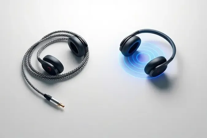 Comparação conceitual em render 3D entre headset gamer com fio de cabo trançado e headset wireless com ondas de sinal azul.