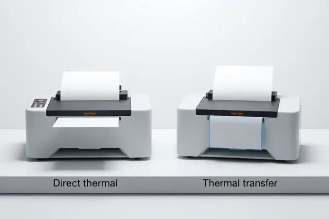 Comparação conceitual 3D entre impressão térmica direta e transferência térmica com dois mecanismos lado a lado.