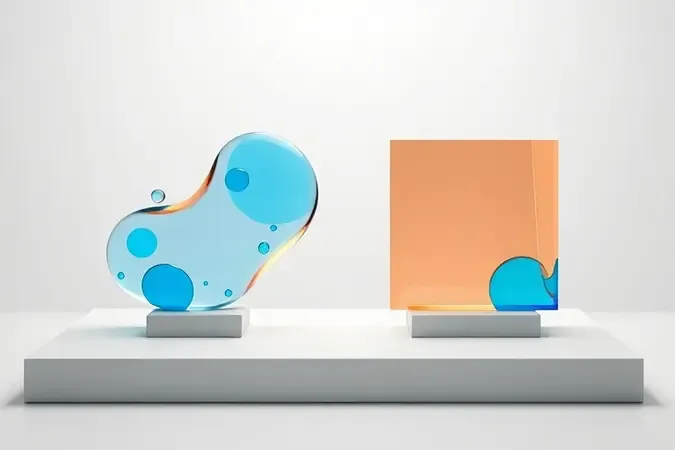 Comparação conceitual 3D entre tecnologias de impressão tanque de tinta e laser, com formas fluidas e geométricas em superfície neutra.