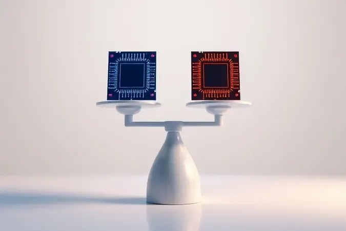 Renderização 3D conceitual de balança minimalista comparando processadores representando escolha entre Intel e AMD.