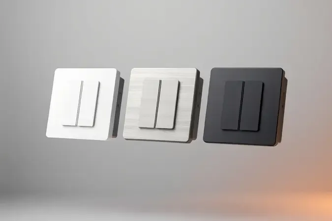 Comparação entre diferentes estilos de interruptores inteligentes touch modernos em composição minimalista.