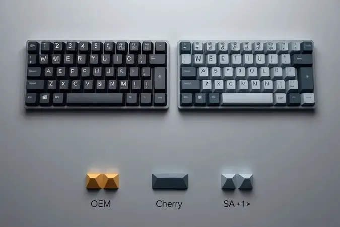 Render 3D comparando keycaps PBT fosco e ABS brilhante com perfis OEM, Cherry e SA.