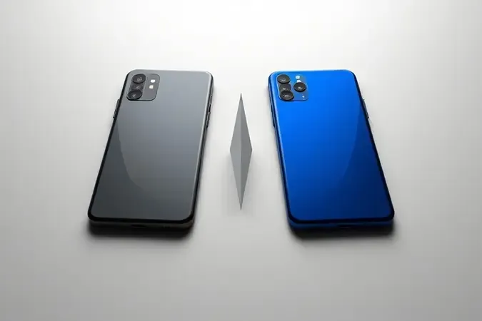 Composição conceitual 3D comparando dois smartphones lado a lado representando diferentes linhas e categorias de aparelhos.