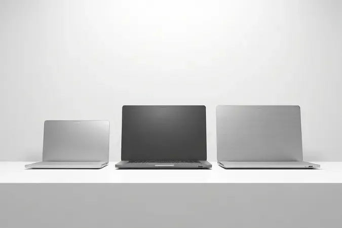 Renderização 3D conceitual de três notebooks minimalistas lado a lado representando comparação entre linhas de notebooks.