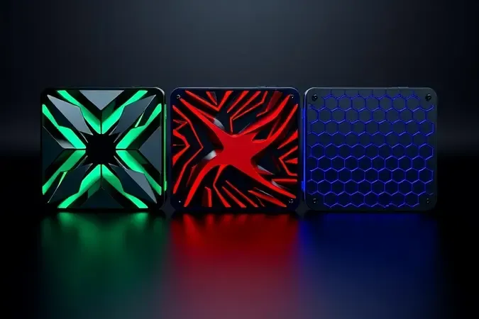 Render 3D de três núcleos de GPU abstratos lado a lado representando diferentes marcas de placas de vídeo