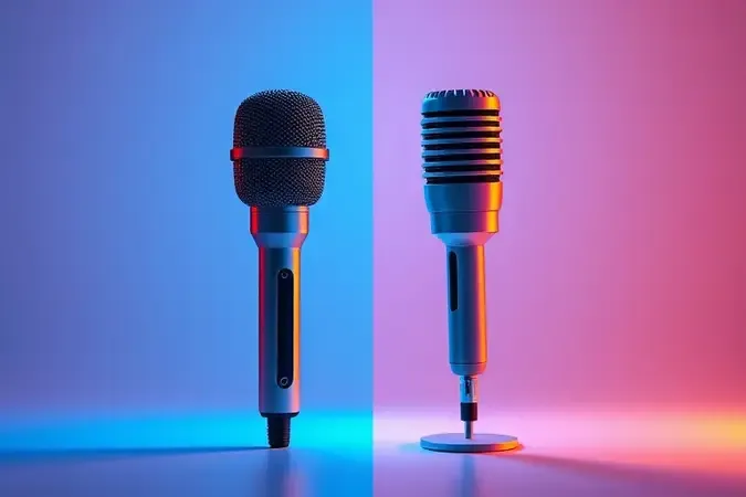 Comparação visual entre microfone condensador e microfone dinâmico lado a lado em estúdio conceitual com iluminação dividida