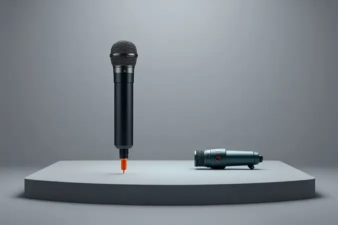 Comparação conceitual entre microfone shotgun direcional e microfone de lapela compacto em renderização 3D profissional.