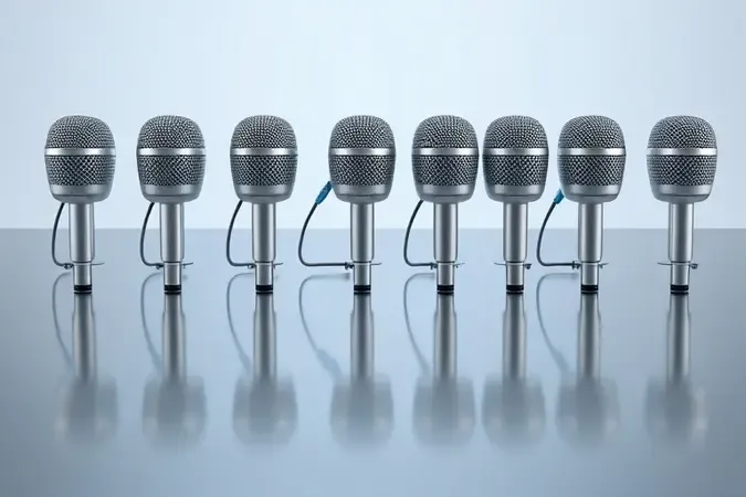 Microfones de lapela genéricos alinhados em superfície reflexiva representando processo de comparação e avaliação criteriosa.
