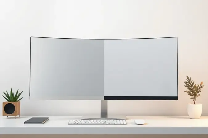 Comparação conceitual entre monitor curvo e monitor plano lado a lado em ambiente de trabalho minimalista.