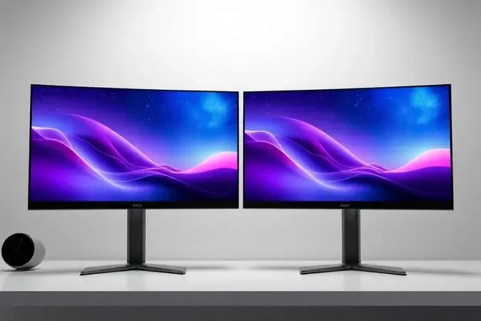 Comparação lado a lado entre monitor ultrawide curvo e plano sobre mesa minimalista em renderização 3D.