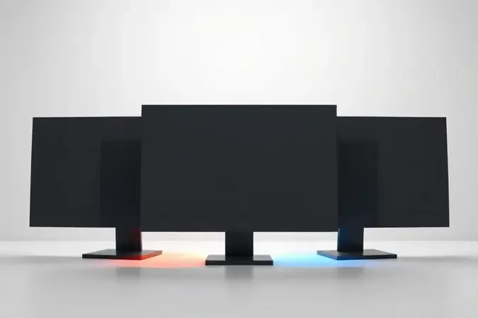 Render 3D conceitual de três monitores lado a lado representando comparação e escolha de compra com iluminação suave de estúdio.