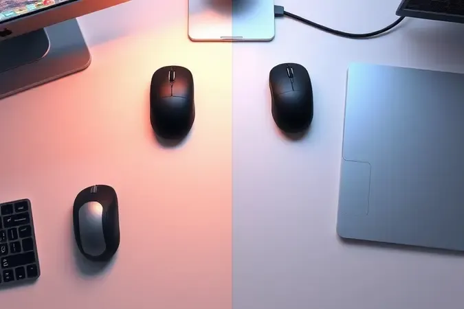 Comparação conceitual entre mouse sem fio e touchpad de notebook lado a lado em mesa limpa com iluminação dividida.