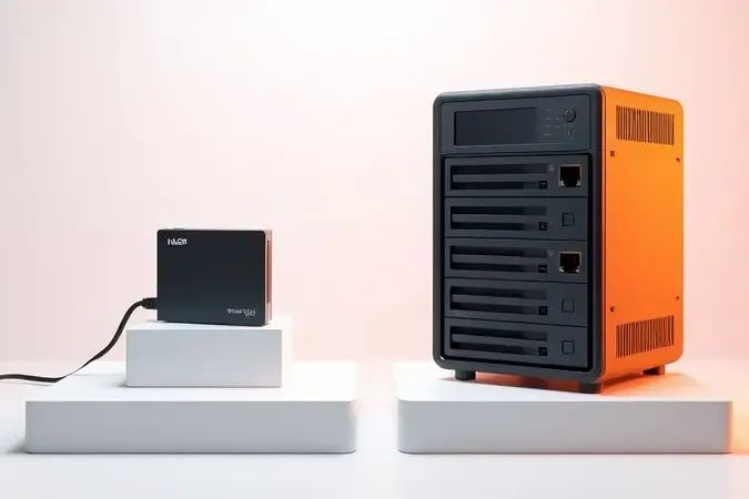 Comparação 3D entre drive externo individual e sistema NAS multi-baias em plataformas minimalistas.