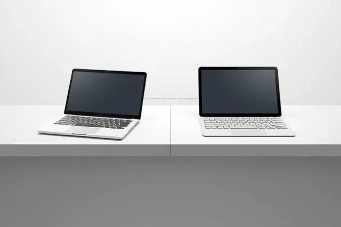Render 3D conceitual comparando notebook 2 em 1 integrado com tablet e teclado destacável lado a lado