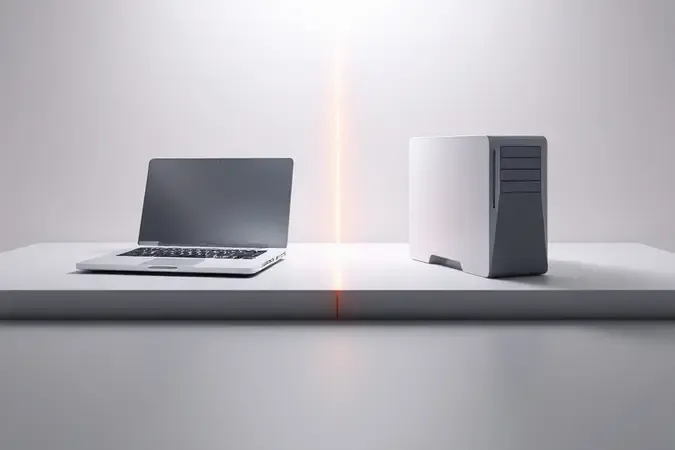 Renderização 3D conceitual comparando silhuetas abstratas de notebook e desktop divididas por linha luminosa em composição minimalista.
