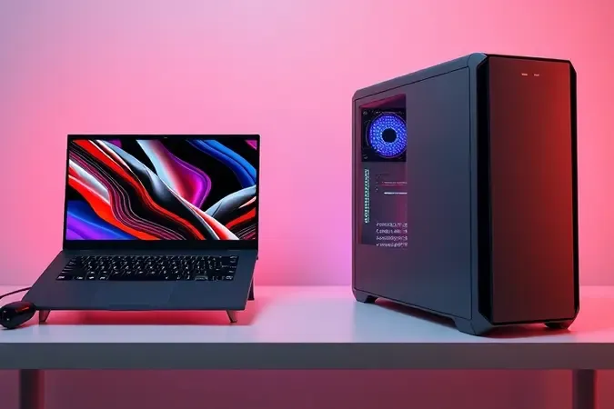 Comparação conceitual entre notebook gamer e desktop gamer lado a lado em render 3D