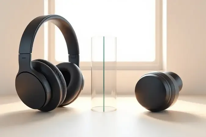 Renderização 3D comparando silhuetas de fone over-ear e intra-auricular lado a lado sobre superfície minimalista com iluminação natural suave.