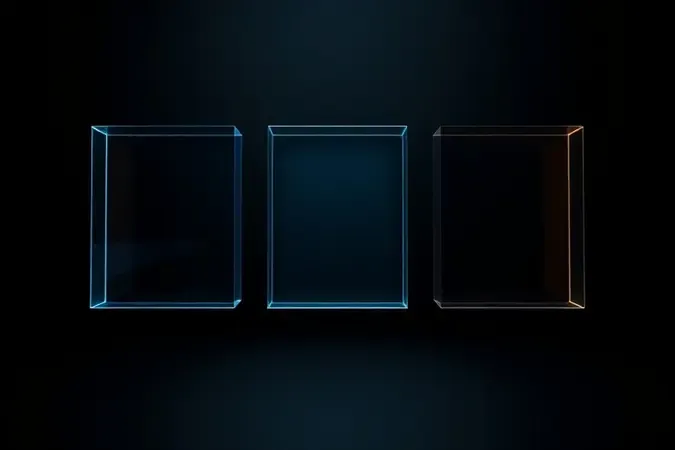 Render 3D conceitual de três painéis abstratos flutuantes representando tecnologias TN, IPS e VA com distintos padrões de luz.