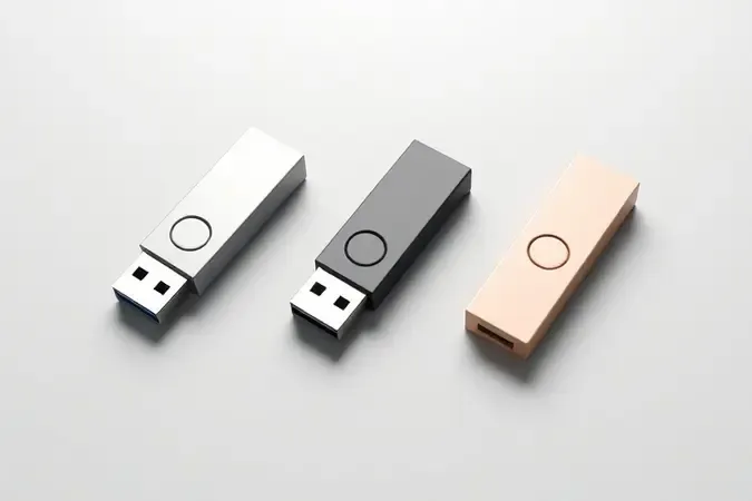 Três pen drives minimalistas e sem marca com designs distintos dispostos sobre superfície fosca em render 3D conceitual.