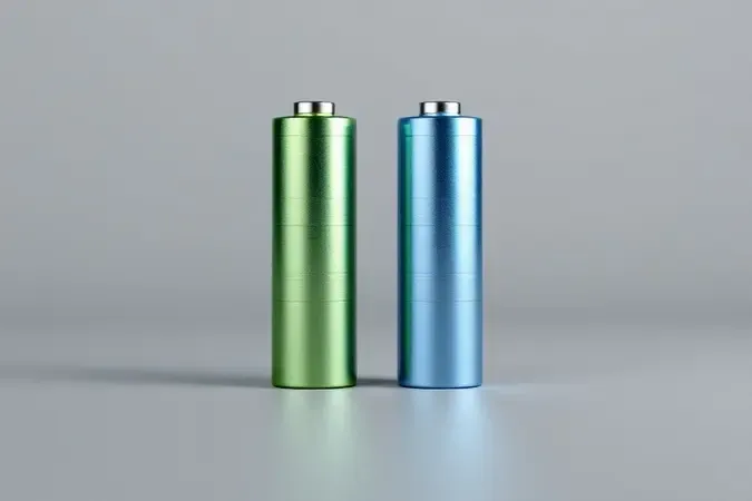 Render 3D comparando tamanhos de pilhas AA e AAA lado a lado em composição minimalista com iluminação difusa profissional.