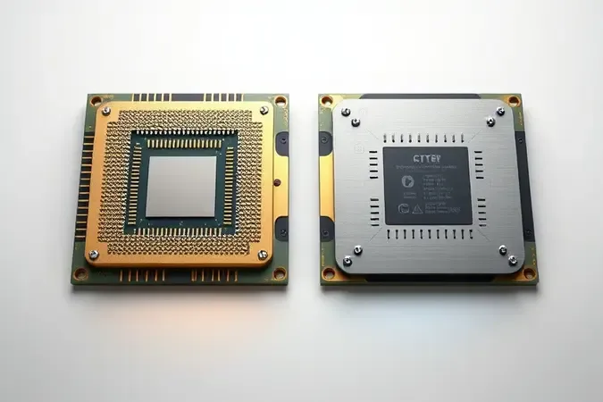 Comparação conceitual entre dois designs de soquete de CPU lado a lado, representando as plataformas AMD e Intel em renderização 3D.