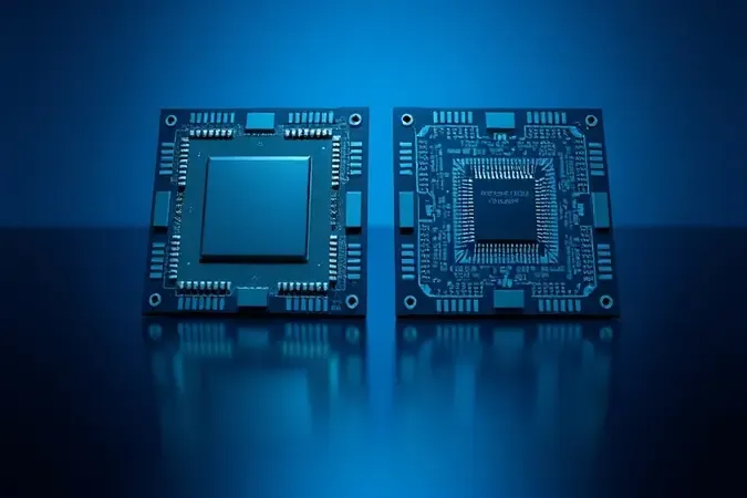 Renderização 3D conceitual comparando dois chips de processador lado a lado representando diferenças entre Core i5 e i7.