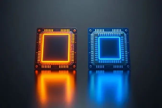 Renderização 3D conceitual de dois chips de processador abstratos lado a lado representando comparação entre AMD Ryzen e Intel Core.