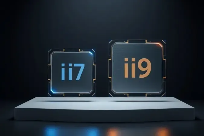 Comparação conceitual em 3D entre dois chips de processador simbolizando as diferenças entre Core i7 e Core i9.