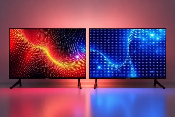 Render 3D comparando tecnologias QLED e Mini LED em TVs de 55 polegadas com padrões de luz abstratos representando cada tecnologia.