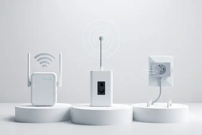 Render 3D comparando três soluções de rede: repetidor Wi-Fi, antena direcional e adaptador Powerline lado a lado.