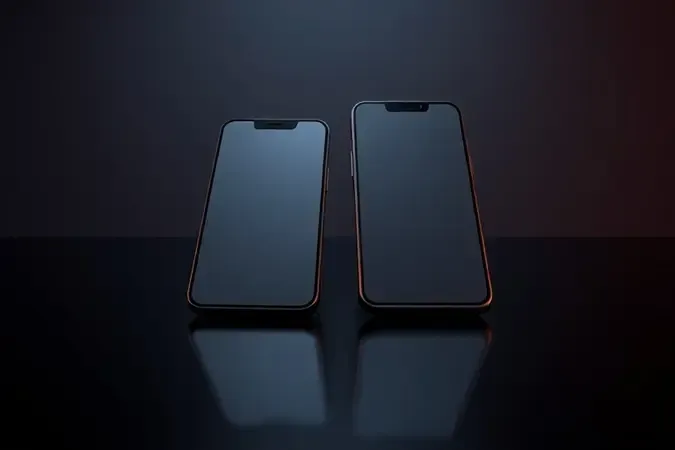 Renderização 3D conceitual de dois smartphones lado a lado em superfície refletiva escura comparando designs premium e intermediário.