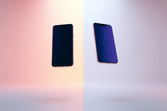 Render 3D comparando smartphone tradicional rígido e celular dobrável flexível lado a lado em composição clean