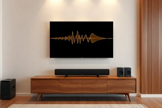 TV de 65 polegadas sem marca com soundbar minimalista e caixas de som, representando opções de áudio em sala com painel acústico.