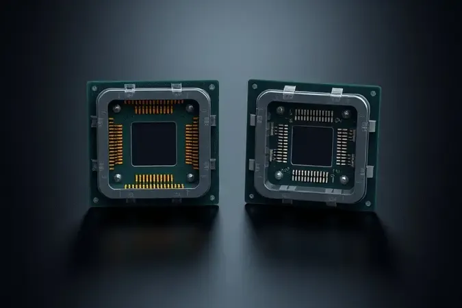 Render 3D conceitual comparando soquetes de CPU AM5 e LGA 1700 lado a lado com iluminação profissional.