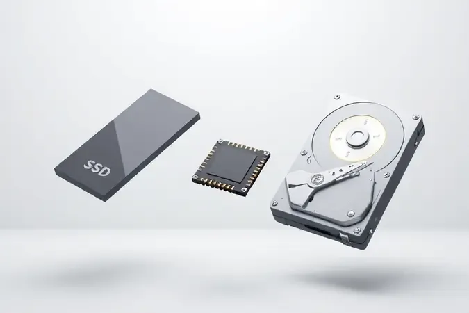Comparação conceitual 3D entre SSD, eMMC e HD, representando as opções de armazenamento em notebooks acessíveis.