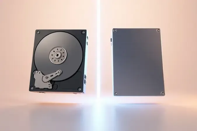 Comparação conceitual entre HD mecânico tradicional e SSD moderno em renderização 3D com iluminação profissional.