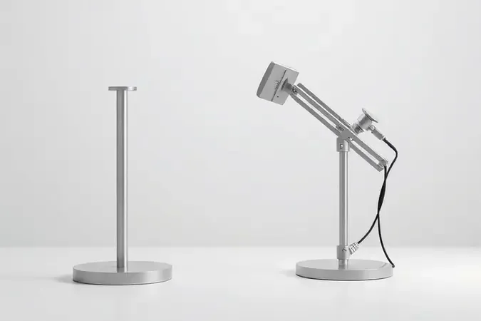 Comparação conceitual entre suporte modular fixo e braço articulado ajustável para monitor em renderização 3D