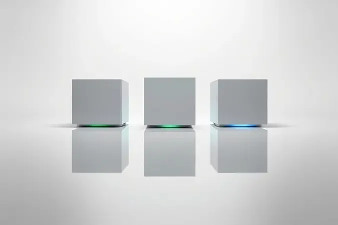Conceito 3D abstrato de comparação entre opções de switches de rede com formas geométricas em tons neutros e iluminação profissional
