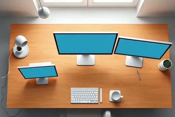 Comparação conceitual de três tamanhos de monitor em mesas minimalistas de home office com iluminação suave e tons neutros.
