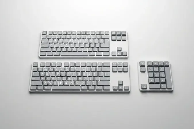 Render 3D comparando tamanhos de teclados mecânicos: layout 60 por cento, 65 por cento e 75 por cento.