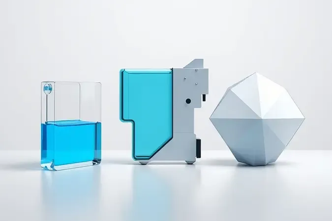 Comparação conceitual 3D entre tecnologias de impressão: tanque de tinta, cartucho e laser, com designs minimalistas.