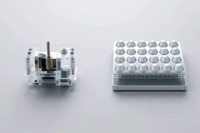 Render 3D comparativo entre mecanismo de switch mecânico e estrutura de membrana de teclado lado a lado.